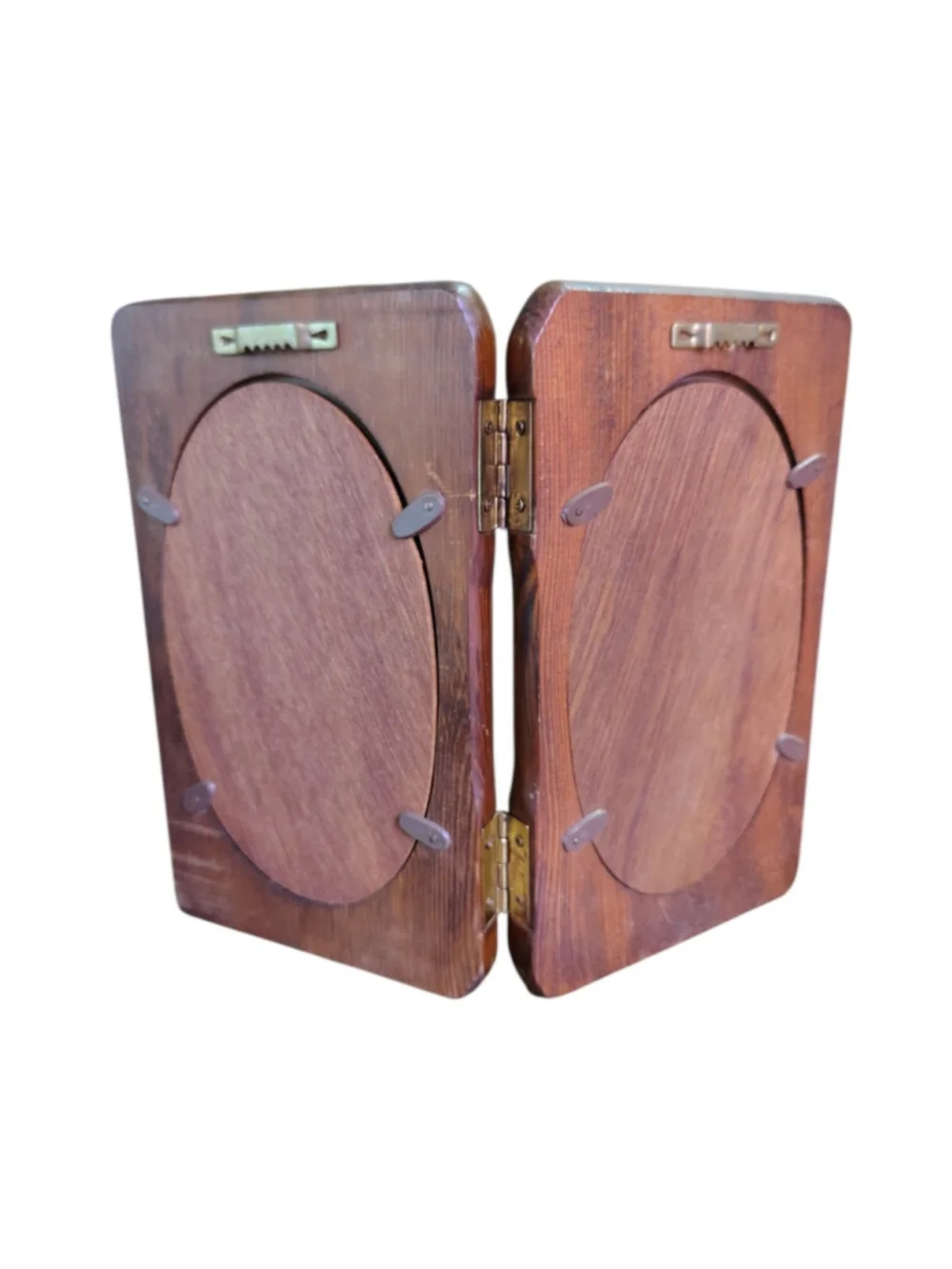 Vintage Carved Wood Dual Bi-Fold Picture Frame Double Oval Window Glass Front